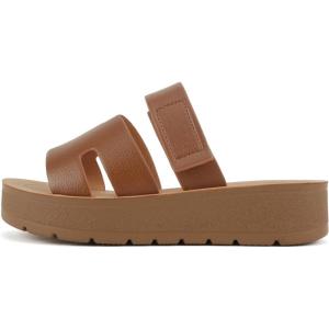 Soda “Tonya” ~ Women Open Round Toe Double Strap Slide On Sandal(Tan Pu)