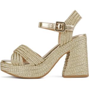 Soda “Yara” ~ Square Open Toe Crisscross Band Ankle Strap High Heel Sandal(Gold Jute/Pu)