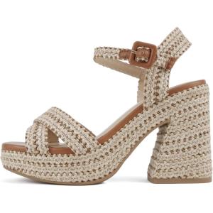 Soda “Yara” ~ Square Open Toe Crisscross Band Ankle Strap High Heel Sandal(Natural Raffia/Tan)