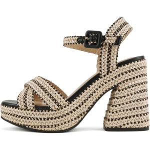 Soda “Yara” ~ Square Open Toe Crisscross Band Ankle Strap High Heel Sandal(Raffia/Black)