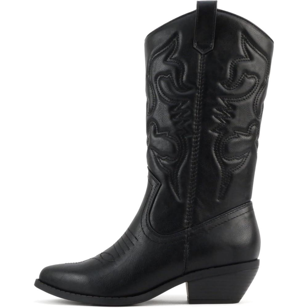 imageSoda Rider  Women MidCalf Western Cowboy Boots with Pointed Toe ampamp Side ZipperBlack Pu