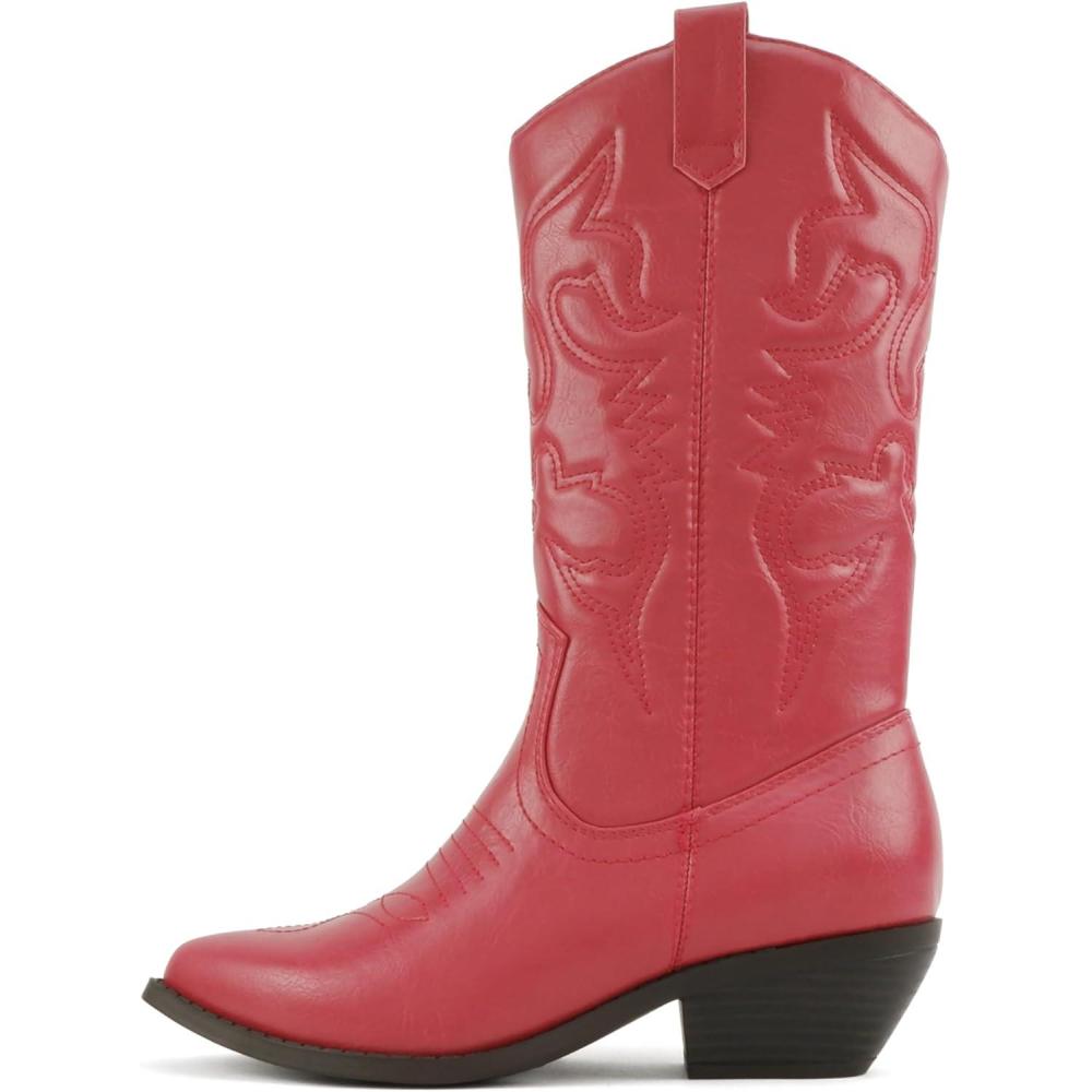 imageSoda Rider  Women MidCalf Western Cowboy Boots with Pointed Toe ampamp Side ZipperRed Pu