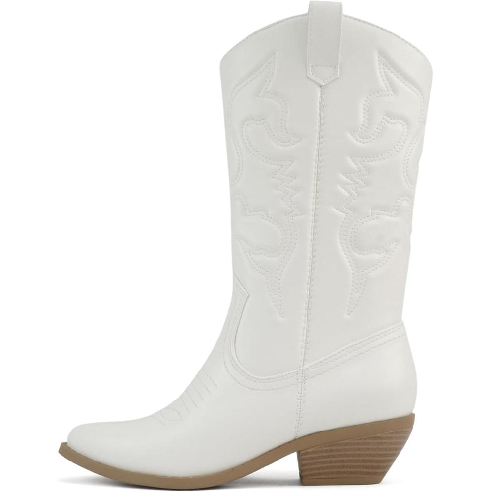 imageSoda Rider  Women MidCalf Western Cowboy Boots with Pointed Toe ampamp Side ZipperWhite Pu