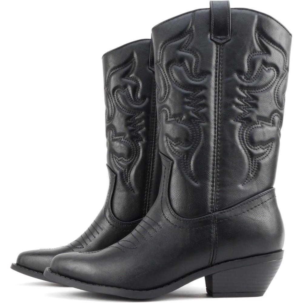 imageSoda Rodeo  Womens Knee High Western Cowboy Boots with Stitched Detailing Pointed Toe and Low Block HeelAblack Pu