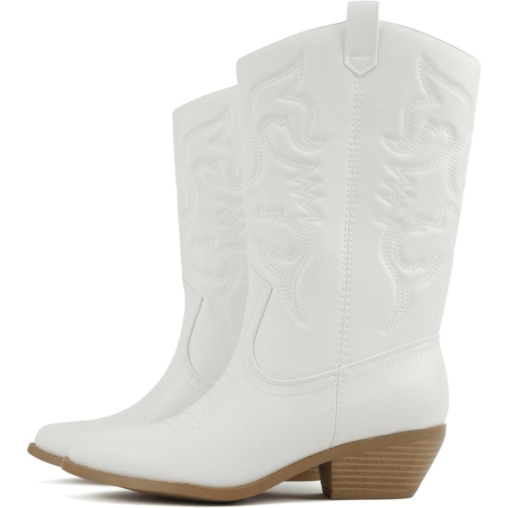 imageSoda Rodeo  Womens Knee High Western Cowboy Boots with Stitched Detailing Pointed Toe and Low Block HeelAwhtBge Pu