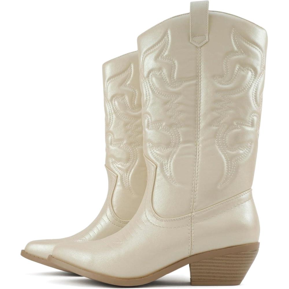imageSoda Rodeo  Womens Knee High Western Cowboy Boots with Stitched Detailing Pointed Toe and Low Block HeelBcream Pearl