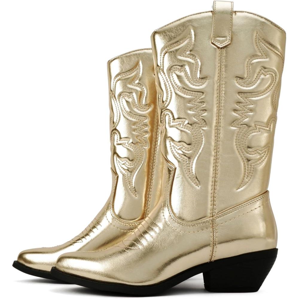 imageSoda Rodeo  Womens Knee High Western Cowboy Boots with Stitched Detailing Pointed Toe and Low Block HeelCgold Met