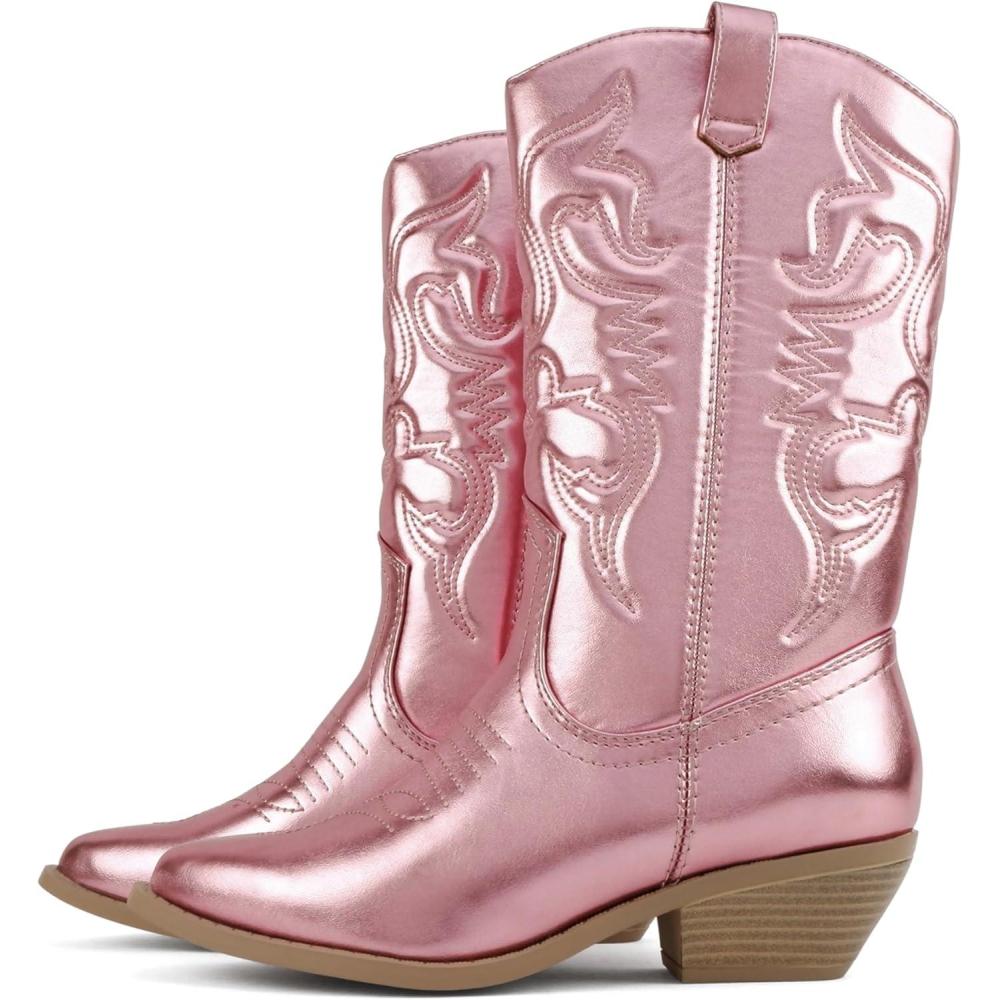 imageSoda Rodeo  Womens Knee High Western Cowboy Boots with Stitched Detailing Pointed Toe and Low Block HeelClt Pink Met