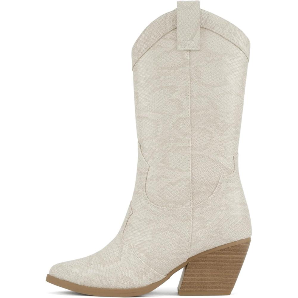 imageSoda Thought  Womens Mid Calf Low Heel Western Boots with Stitched DetailingIvory Snake Pu