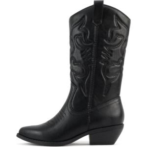 Soda Rider ~ Women Mid-Calf Western Cowboy Boots with Pointed Toe & Side Zipper(Black Pu)
