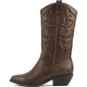 Soda Rider ~ Women Mid-Calf Western Cowboy Boots with Pointed Toe & Side Zipper(Dk Tan Pu)