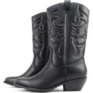 Soda “Rodeo” ~ Women’s Knee High Western Cowboy Boots with Stitched Detailing, Pointed Toe, and Low Block Heel(A-black Pu)