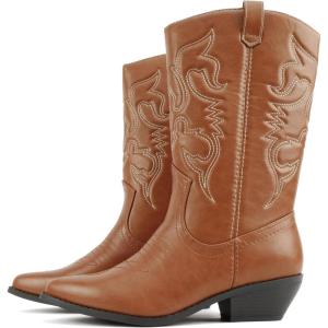 Soda “Rodeo” ~ Women’s Knee High Western Cowboy Boots with Stitched Detailing, Pointed Toe, and Low Block Heel(A-cognac Pu)