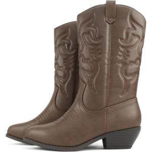 Soda “Rodeo” ~ Women’s Knee High Western Cowboy Boots with Stitched Detailing, Pointed Toe, and Low Block Heel(A-dark Tan Pu)