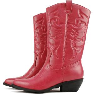 Soda “Rodeo” ~ Women’s Knee High Western Cowboy Boots with Stitched Detailing, Pointed Toe, and Low Block Heel(A-red Pu)