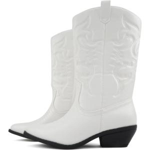 Soda “Rodeo” ~ Women’s Knee High Western Cowboy Boots with Stitched Detailing, Pointed Toe, and Low Block Heel(A-wht/Black Pu)