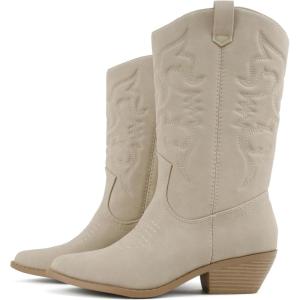 Soda “Rodeo” ~ Women’s Knee High Western Cowboy Boots with Stitched Detailing, Pointed Toe, and Low Block Heel(B-sand Nb)