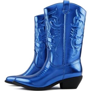 Soda “Rodeo” ~ Women’s Knee High Western Cowboy Boots with Stitched Detailing, Pointed Toe, and Low Block Heel(C-blue Met)