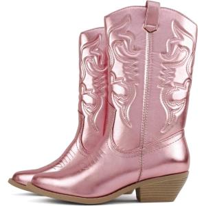 Soda “Rodeo” ~ Women’s Knee High Western Cowboy Boots with Stitched Detailing, Pointed Toe, and Low Block Heel(C-lt Pink Met)