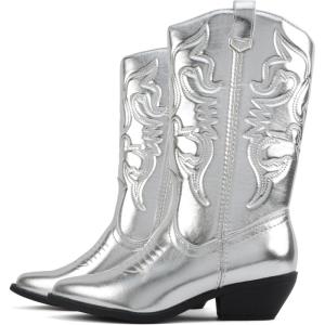 Soda “Rodeo” ~ Women’s Knee High Western Cowboy Boots with Stitched Detailing, Pointed Toe, and Low Block Heel(C-silver Met)
