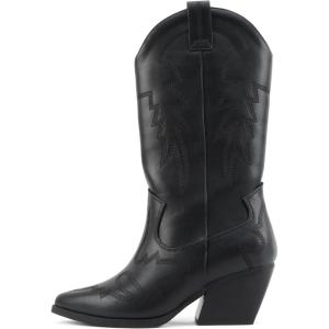 Soda Shoes Stream ~ Women Pointed Toe Low Heel Knee-High Western Boots(Black Pu)