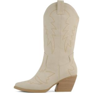 Soda Shoes Stream ~ Women Pointed Toe Low Heel Knee-High Western Boots(Bone Pu)