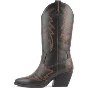 Soda Shoes Stream ~ Women Pointed Toe Low Heel Knee-High Western Boots(Dk Brown Pu)