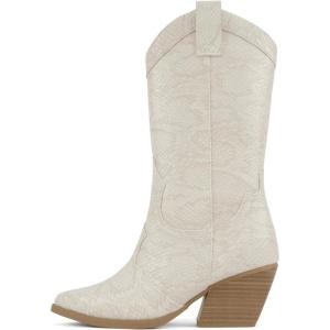 Soda “Thought” ~ Women’s Mid Calf Low Heel Western Boots with Stitched Detailing(Ivory Snake Pu)