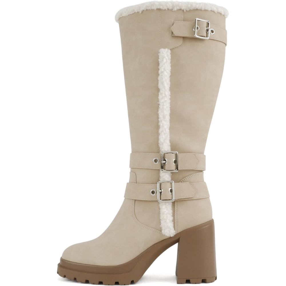 imageSoda Jamila  Women Square Toe FleeceLined KneeHigh Boot with Side ZipperBeige Nubuck