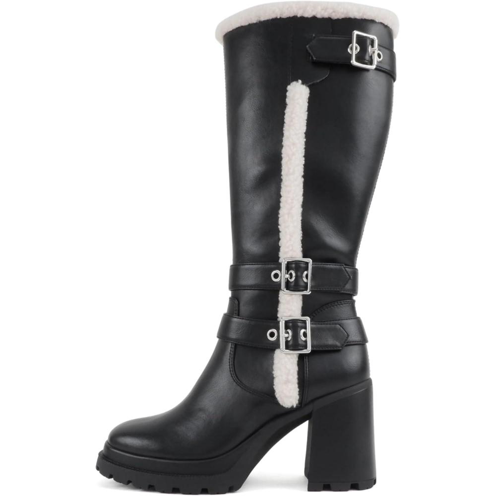 imageSoda Jamila  Women Square Toe FleeceLined KneeHigh Boot with Side ZipperBlack Pu