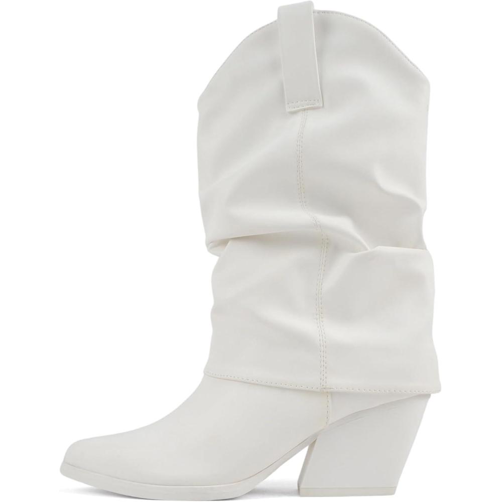imageSoda Otter  Women Pointed Toe Low Heel Mid Calf Slouchy BootsWhite Pu