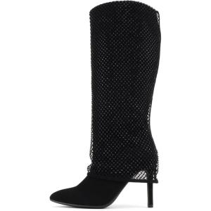 Soda “Kesara” ~ Women Pointed Toe High Heel Foldover Rhinestone Mesh Knee-High Boot(Black)