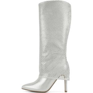 Soda “Kesara” ~ Women Pointed Toe High Heel Foldover Rhinestone Mesh Knee-High Boot(Silver)