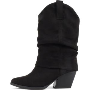 Soda “Otter” ~ Women Pointed Toe Low Heel Mid Calf Slouchy Boots(Black Imitation Suede)