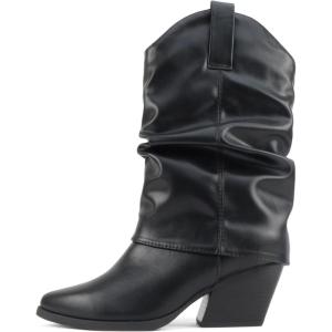 Soda “Otter” ~ Women Pointed Toe Low Heel Mid Calf Slouchy Boots(Black Pu)