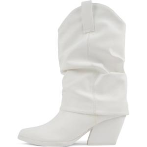 Soda “Otter” ~ Women Pointed Toe Low Heel Mid Calf Slouchy Boots(White Pu)