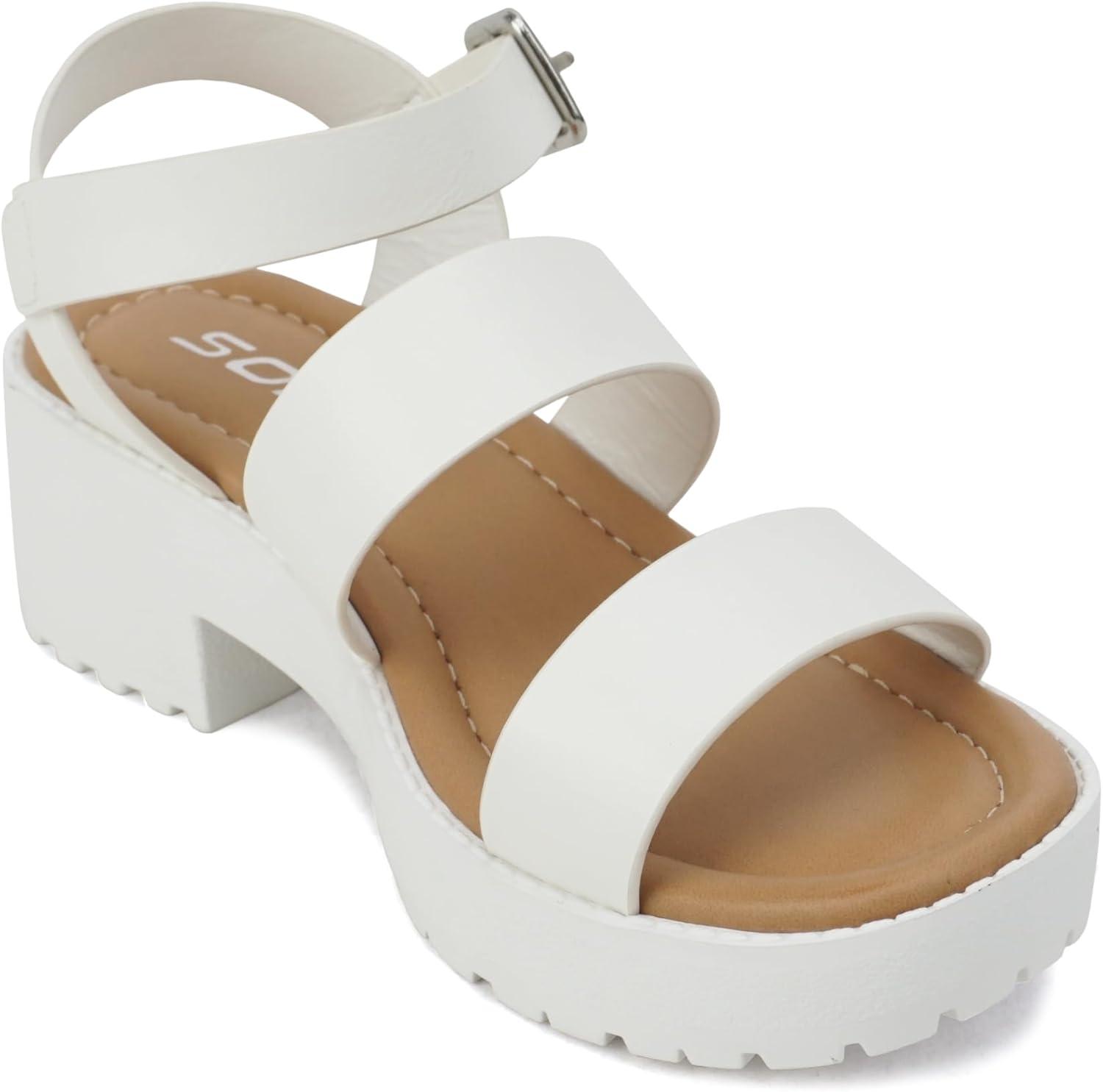 imageSoda ACCOUNT2  Little KidsChildrenGirls Open Toe Two Bands Lug sole Fashion Block Heel Sandals with Adjustable Ankle StrapWhite Pu