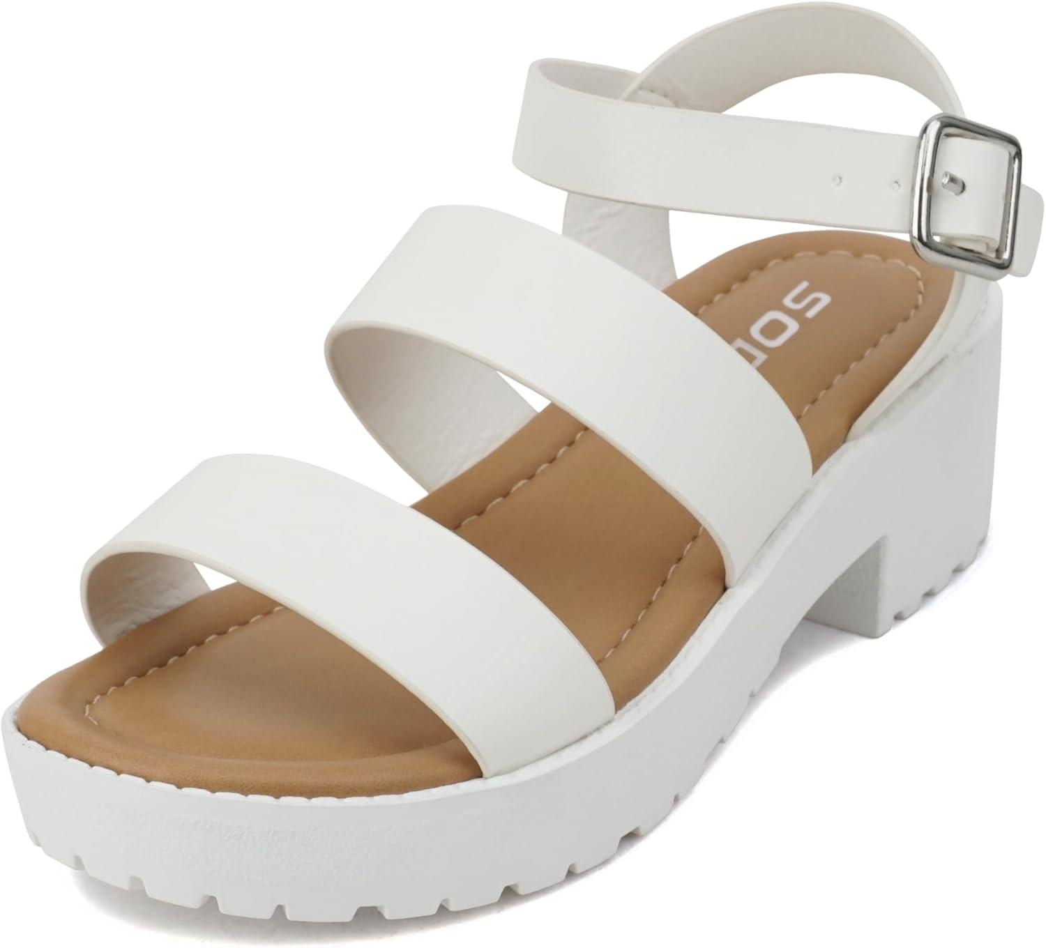 imageSoda ACCOUNT2  Little KidsChildrenGirls Open Toe Two Bands Lug sole Fashion Block Heel Sandals with Adjustable Ankle StrapWhite Pu