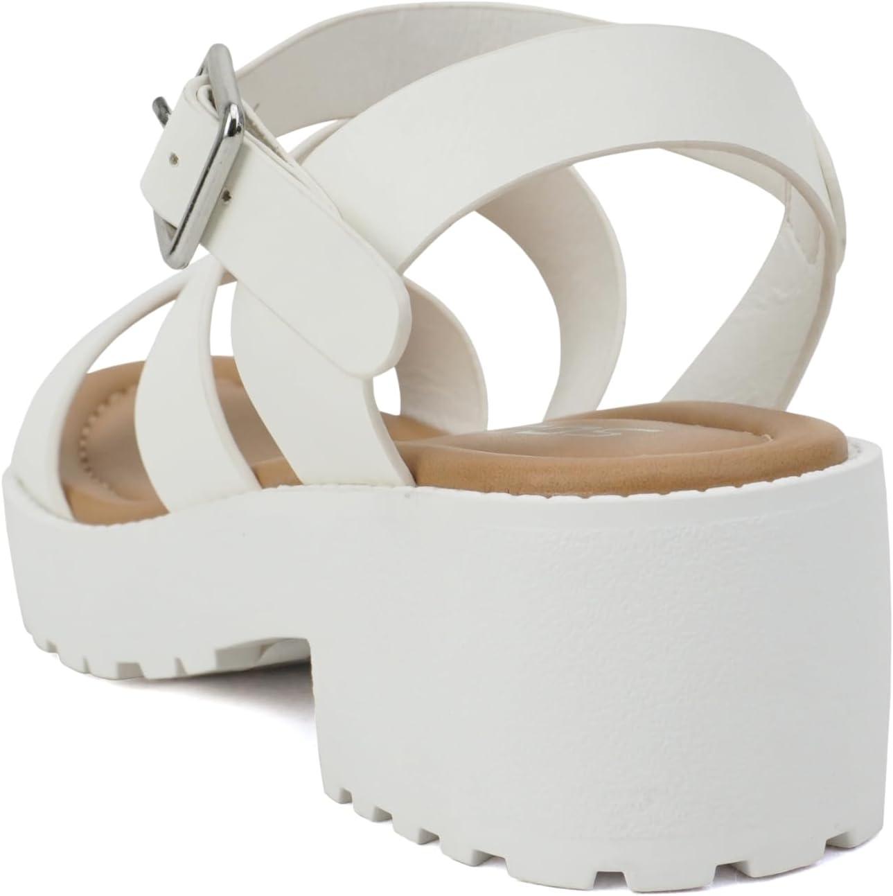 imageSoda ACCOUNT2  Little KidsChildrenGirls Open Toe Two Bands Lug sole Fashion Block Heel Sandals with Adjustable Ankle StrapWhite Pu