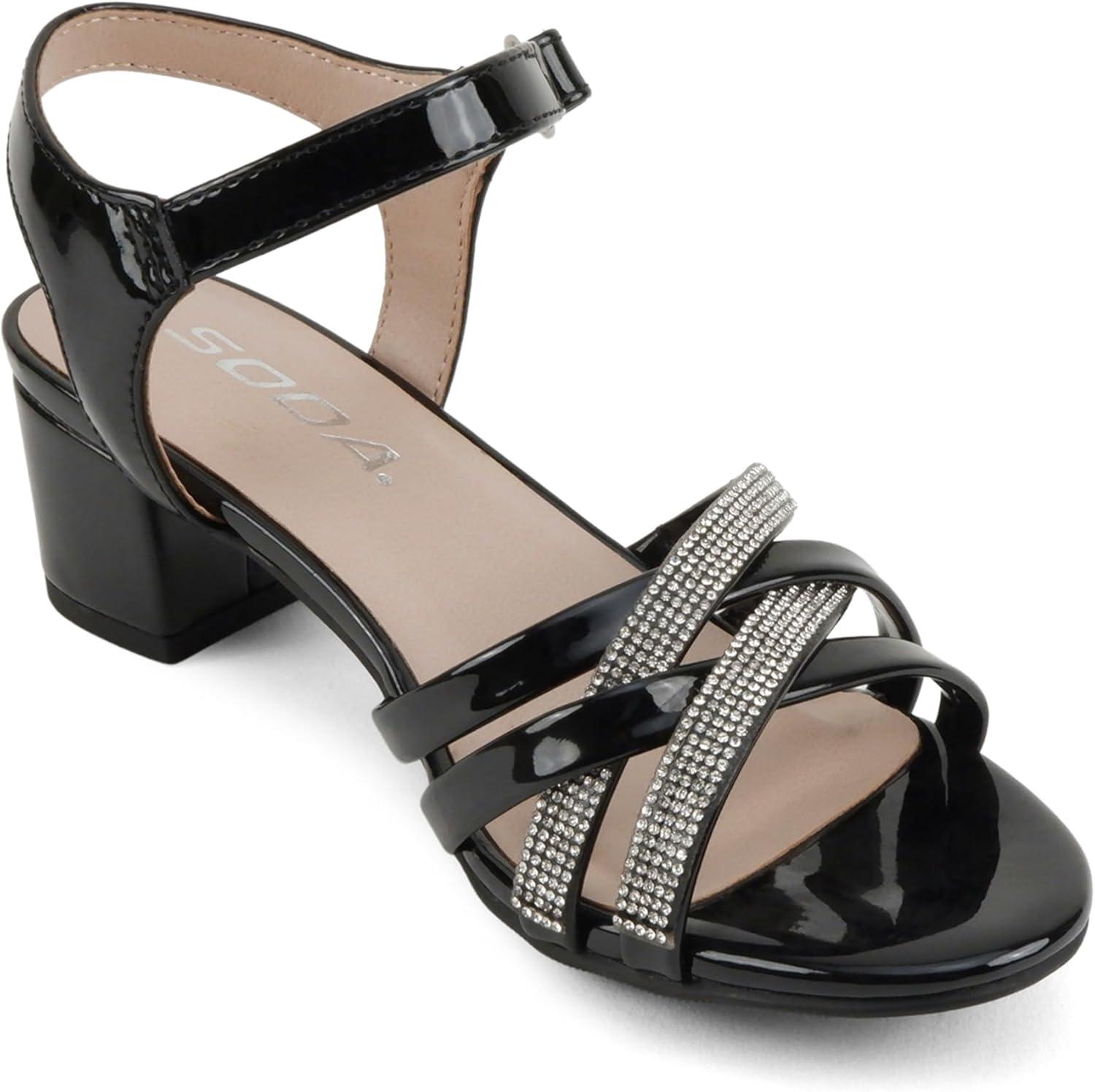 imageSoda Hall2  Little KidsChildrenGirls Open Toe Rhinestone MultiStrap Low Heel Dress SandalBlack Patent