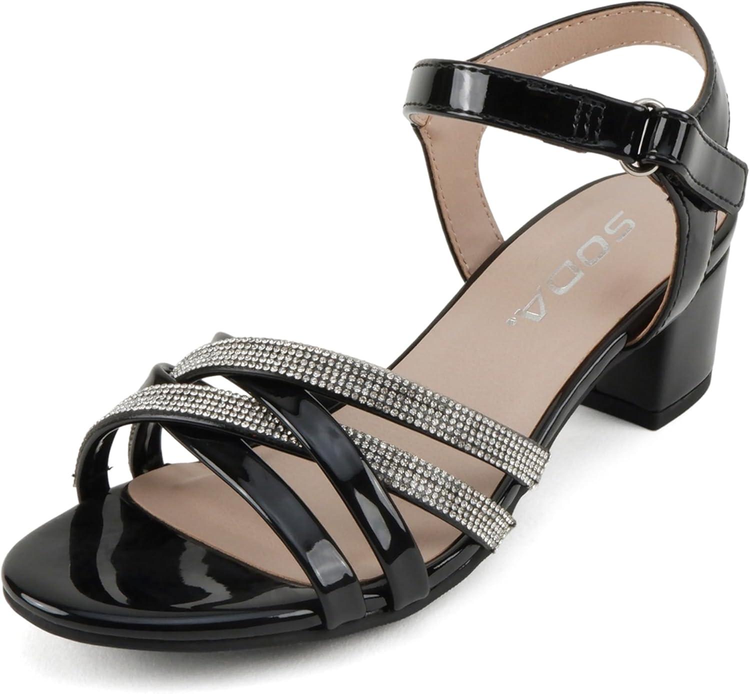 imageSoda Hall2  Little KidsChildrenGirls Open Toe Rhinestone MultiStrap Low Heel Dress SandalBlack Patent