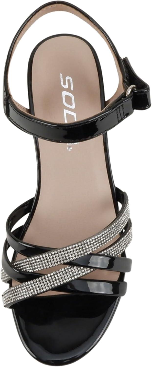 imageSoda Hall2  Little KidsChildrenGirls Open Toe Rhinestone MultiStrap Low Heel Dress SandalBlack Patent