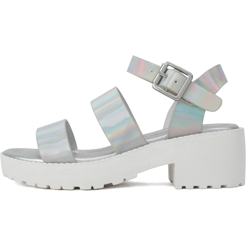 imageSoda ACCOUNT2  Little KidsChildrenGirls Open Toe Two Bands Lug sole Fashion Block Heel Sandals with Adjustable Ankle StrapSilver Iridescent Pu