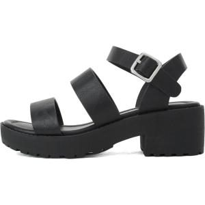 Soda ACCOUNT-2 ~ Little Kids/Children/Girls Open Toe Two Bands Lug sole Fashion Block Heel Sandals with Adjustable Ankle Strap(Black Pu)