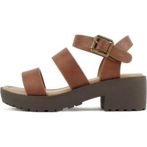 Soda ACCOUNT-2 ~ Little Kids/Children/Girls Open Toe Two Bands Lug sole Fashion Block Heel Sandals with Adjustable Ankle Strap(Cognac Pu)