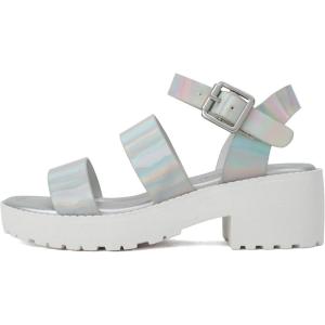 Soda ACCOUNT-2 ~ Little Kids/Children/Girls Open Toe Two Bands Lug sole Fashion Block Heel Sandals with Adjustable Ankle Strap(Silver Iridescent Pu)