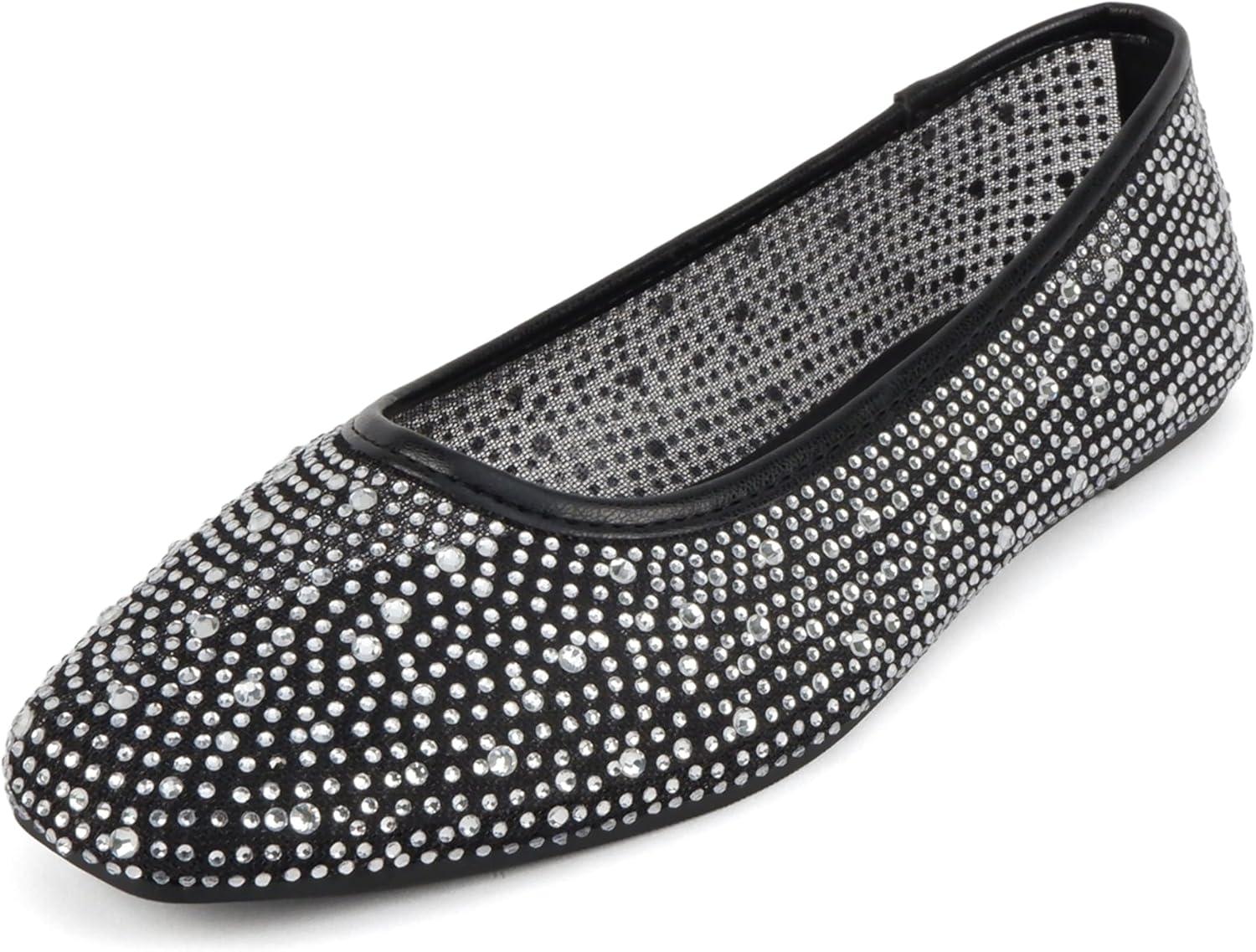 imageSoda Domina  Women Round Toe Rhinestone Mesh Ballet FlatBlack Mesh