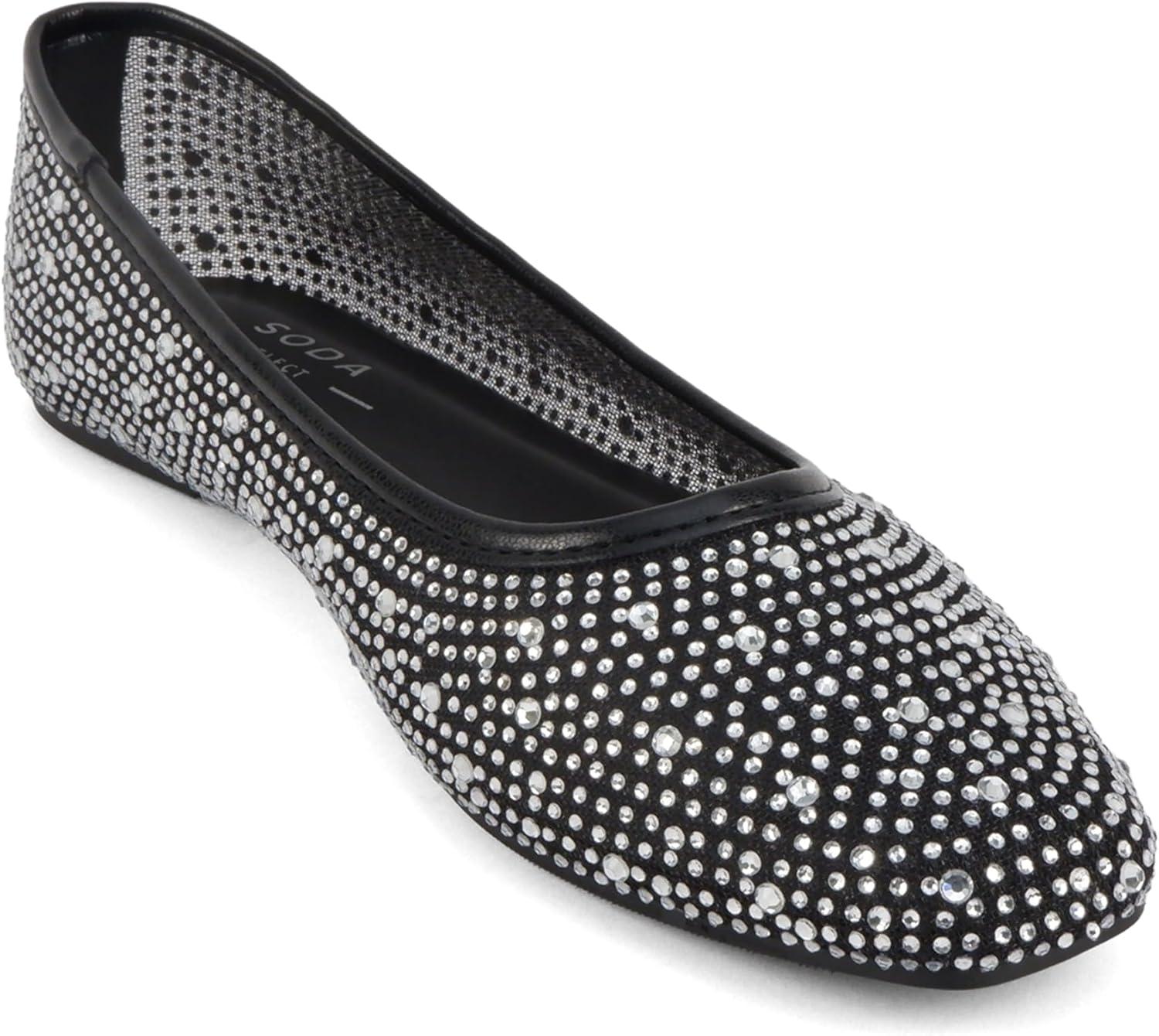 imageSoda Domina  Women Round Toe Rhinestone Mesh Ballet FlatBlack Mesh