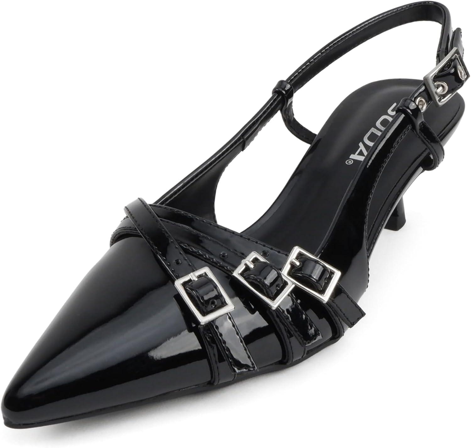 imageSoda Expo  Women Pointed Toe MultiStrap Kitten Heel Dress PumpsBlack Patent
