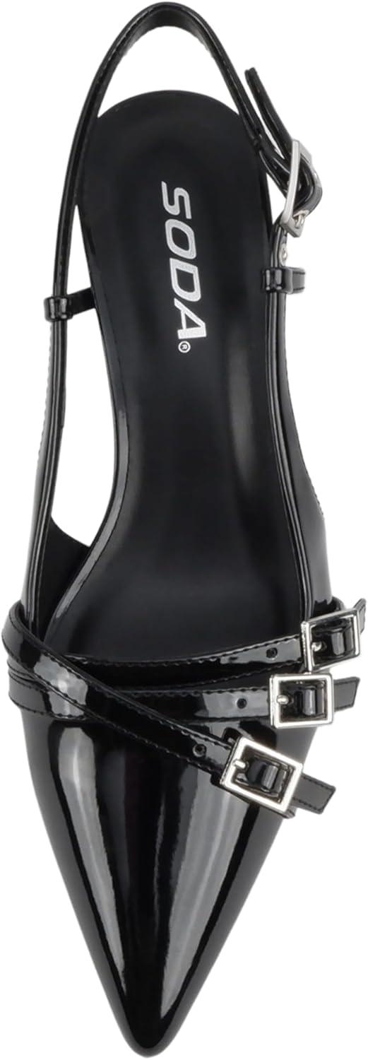 imageSoda Expo  Women Pointed Toe MultiStrap Kitten Heel Dress PumpsBlack Patent